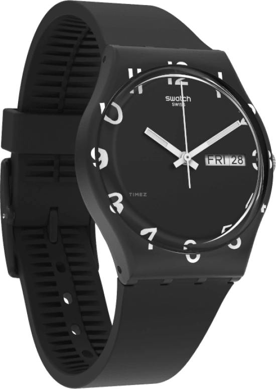 Swatch,Originals 39.20mm,39.20mm,Plastic,Black,Sapphire,Crystal Glass,Closed,GB757