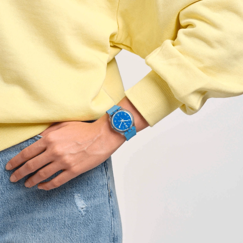 Swatch,Other 34mm,34mm,Bio-sourced,Blue,Turquoise,Quartz,Sapphire,Crystal Glass,Round,SO28S101