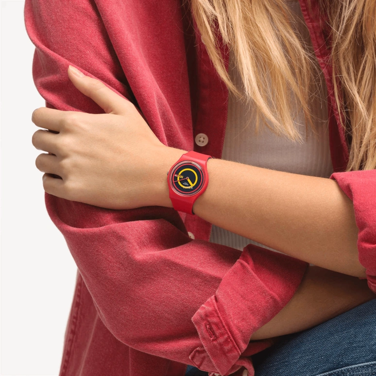 Swatch,Originals 34mm,34mm,Bio-sourced,Black,Red,Yellow,Quartz,Date,Day,SO28R702