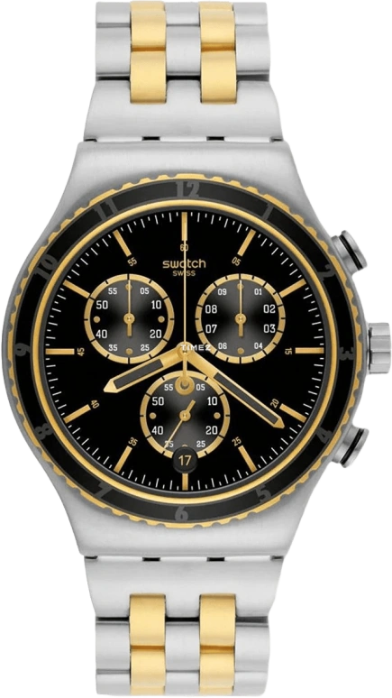Swatch,Other 43mm,43mm,Stainless Steel,Black,Quartz,Chronograph,Day,YVS403G