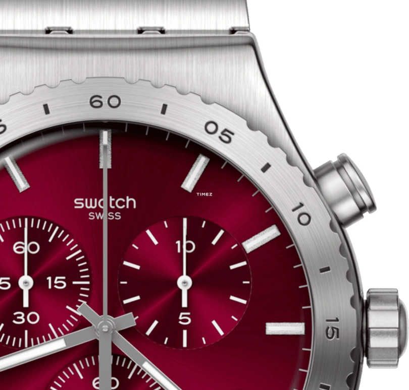 Swatch,Other 43mm,43mm,Stainless Steel,Red,Quartz,Chronograph,Day,YVS499G