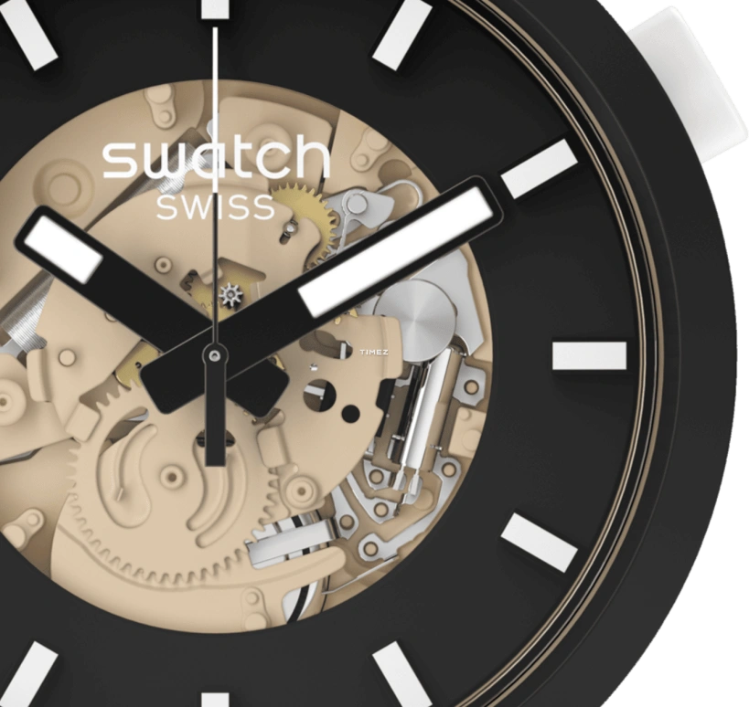 Swatch,Other 47mm,47mm,Ceramic,Black,Cream,Skeleton,Quartz,Sapphire,Crystal Glass,Round,SB03C100