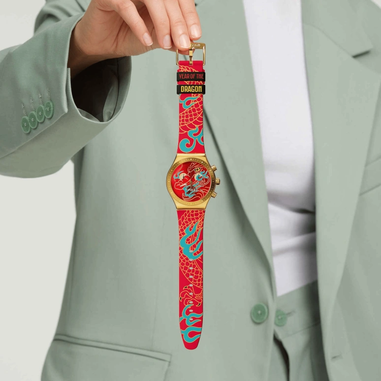 Swatch,Other 43mm,43mm,Stainless Steel,Red,Quartz,Round,Gold,YVZ100