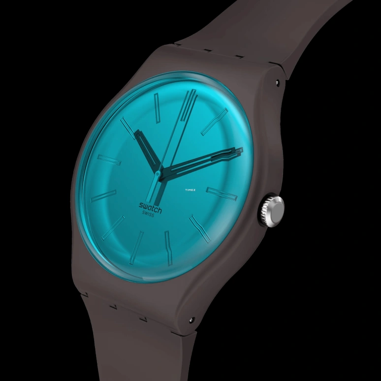 Swatch,Originals 41mm,41mm,Bio-sourced,Blue,Quartz,Tonneau,Coffee,SO29C100