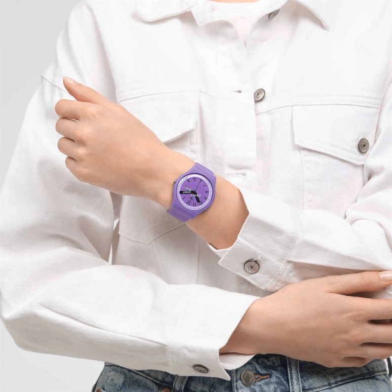 Swatch,Other 41mm,41mm,Bio-sourced,Purple,Quartz,Date,Day,SO29V700