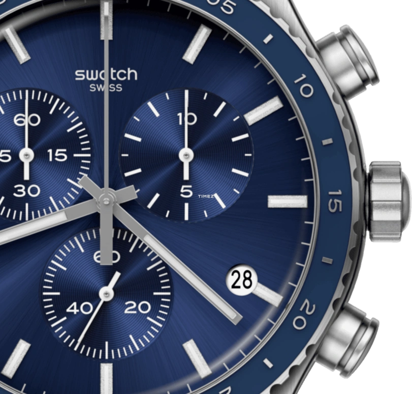 Swatch,Other 43mm,43mm,Stainless Steel,Blue,Quartz,Chronograph,Day,YVS496