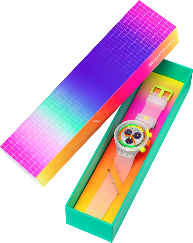 Swatch,NEON 47mm,47mm,Plastic,Multi-Color,Quartz,Chronograph,Sapphire,SB02K101,SB02K101-5300