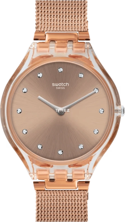 Swatch,SKIN 36.80mm,36.80mm,Plastic,Rose Gold,Quartz,Tonneau,Transparent,SVOK107M