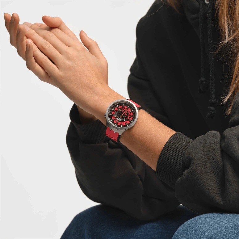 Swatch,IRONY 47mm,47mm,Stainless Steel,Red,Skeleton,Quartz,Sapphire,Crystal Glass,Round,SB07S110