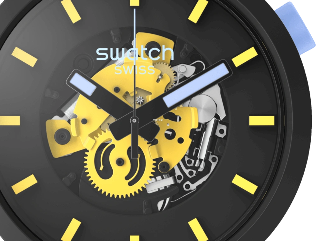 Swatch,Other 47mm,47mm,Bioceramic,Black,Yellow,Skeleton,Quartz,Sapphire,Crystal Glass,Round,SB03B109C