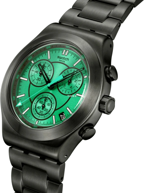 Swatch,IRONY 43mm,43mm,Stainless Steel,Green,Quartz,Chronograph,Day,YVM407G