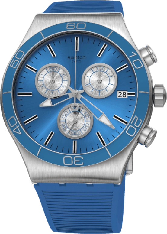Swatch,IRONY 43mm,43mm,Stainless Steel,Black,Silver,Blue,Minutes,YVS485