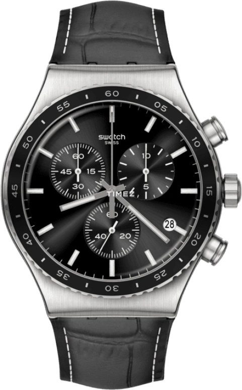 Swatch,Other 43mm,43mm,Stainless Steel,Black,Quartz,Chronograph,Day,YVS495