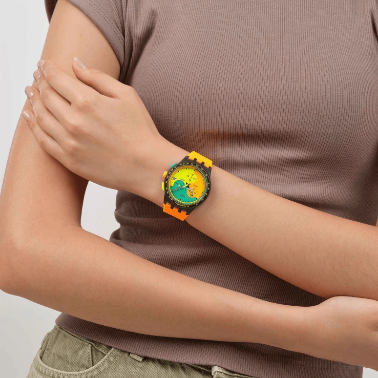 Swatch,NEON 42mm,42mm,Composite,Multi-Color,Orange,Green,Yellow,Quartz,Chronograph,Day,SUSB422