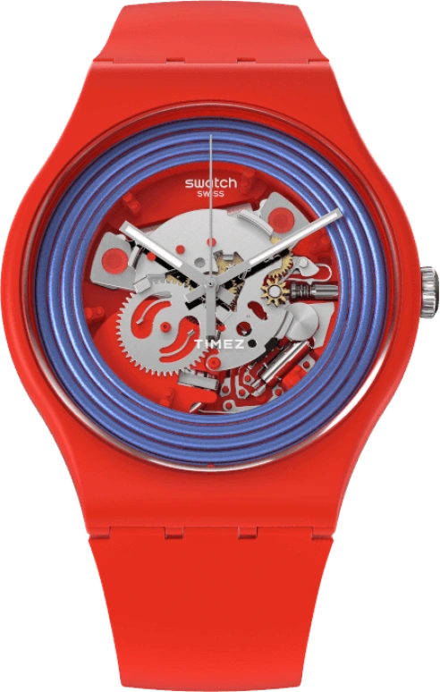 Swatch,Other 41mm,41mm,Bio-sourced,Red,Skeleton,Quartz,Sapphire,Crystal Glass,Red,SO29R103