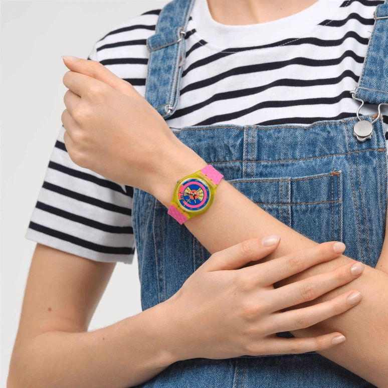 Swatch,NEON 34mm,34mm,Bio-sourced,Multi-Color,Purple,Quartz,Date,Day,SO28J700