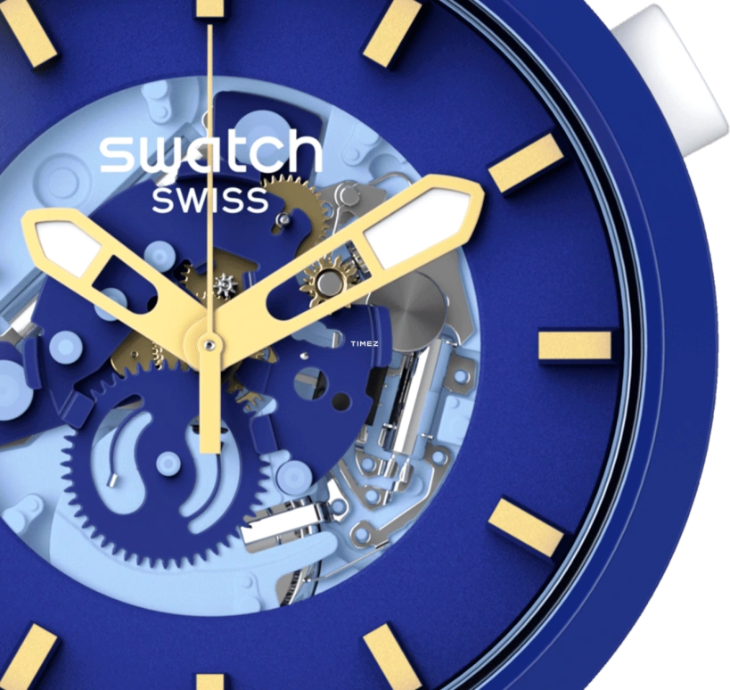 Swatch,Other 47mm,47mm,Bio-sourced,Blue,Skeleton,Quartz,Sapphire,Crystal Glass,Round,SB05N105