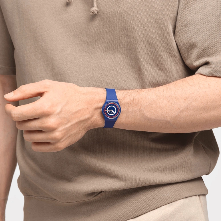 Swatch,Originals 34mm,34mm,Bio-sourced,Blue,White,Red,Quartz,Date,Day,SO28N703