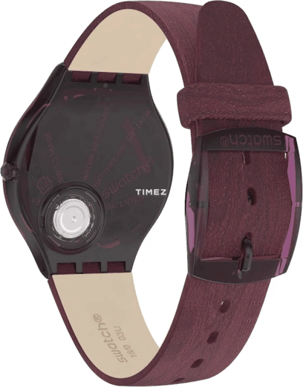 Swatch,SKIN 36.80mm,36.80mm,Plastic,Purple Red,Quartz,Tonneau,SVOV101