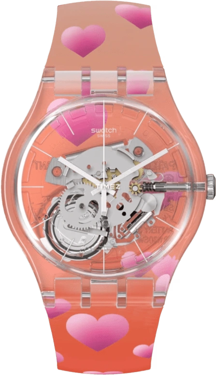 Swatch,Originals 41mm,41mm,Plastic,Pink Orange,Quartz,Tonneau,Transparent,SUOK145,SUOK145-016