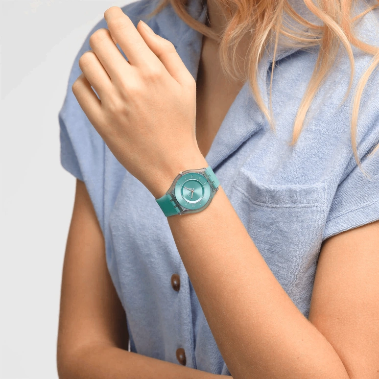 Swatch,Other 34mm,34mm,Bio-sourced,Green,Quartz,Sapphire,Crystal Glass,Round,SS08L100