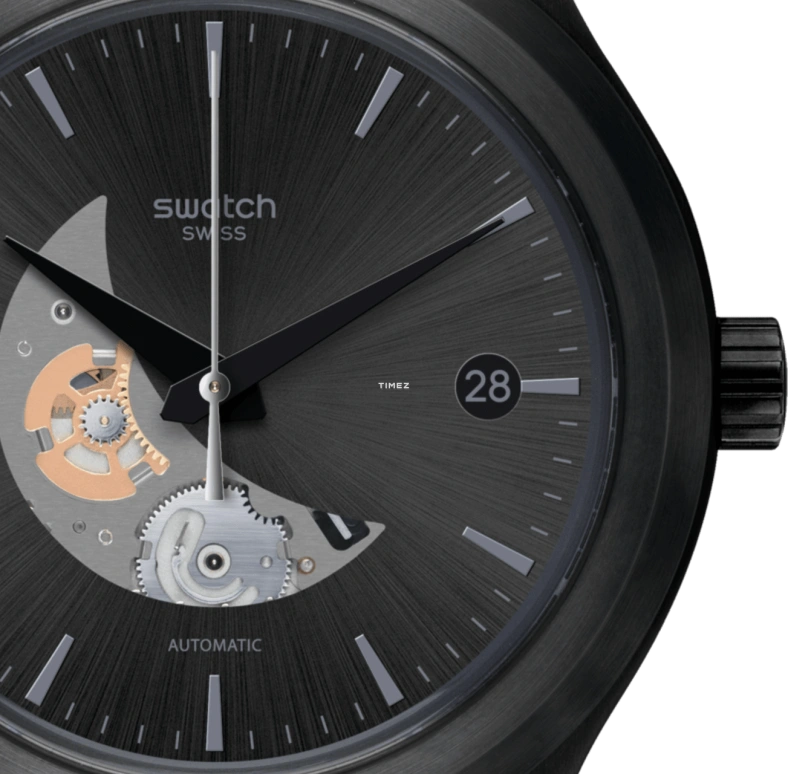Swatch,IRONY 42mm,42mm,Stainless Steel,Black,Automatic,Day,Round,YIB404