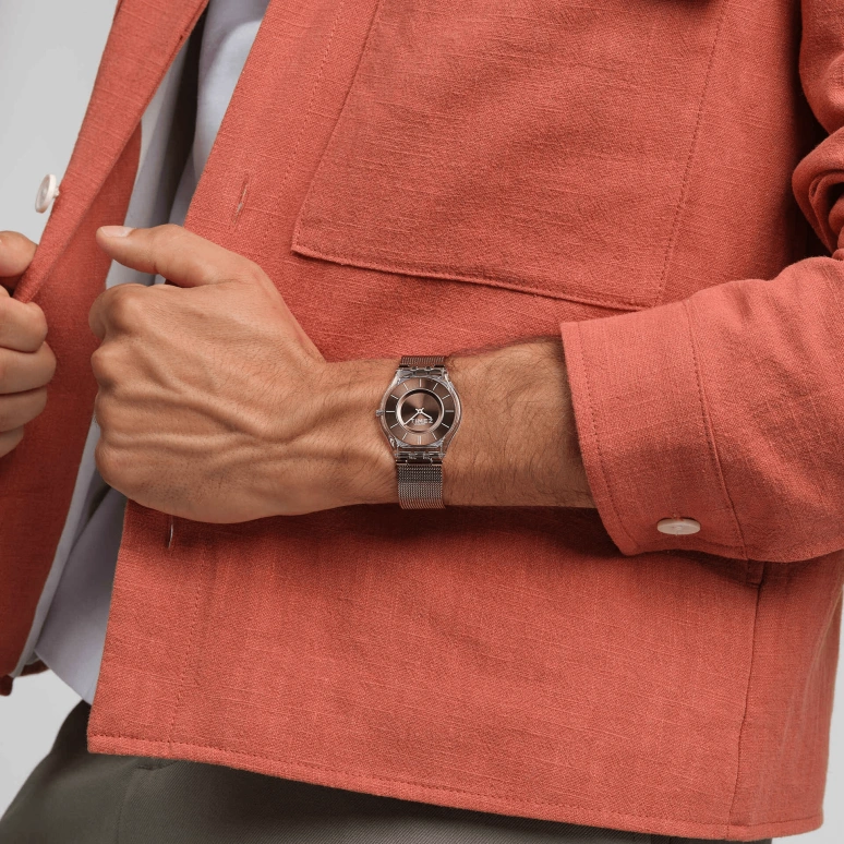 Swatch,SKIN 34mm,34mm,Bio-sourced,Coffee,Quartz,Sapphire,Tonneau,SS08K121M