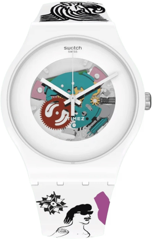 Swatch,Originals 47.40mm,47.40mm,Plastic,White,Skeleton,Quartz,Tonneau,White,SUOW100F