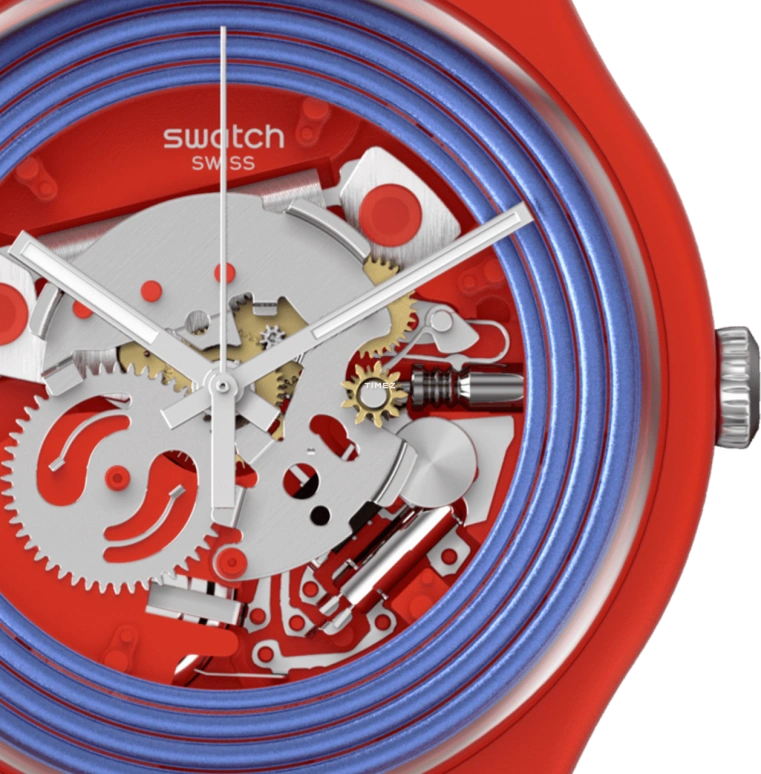 Swatch,Other 41mm,41mm,Bio-sourced,Red,Skeleton,Quartz,Sapphire,Crystal Glass,Red,SO29R103