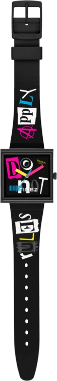 Swatch,NO RULES 41.80mm,41.80mm,Bioceramic,Multi-Color,Black,Quartz,Bio-sourced,Glass,Square,SO34B100
