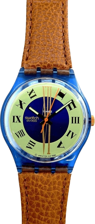 Swatch,Other 34mm,34mm,Plastic,Blue,Cream,Quartz,Sapphire,Crystal Glass,Tonneau,GN130