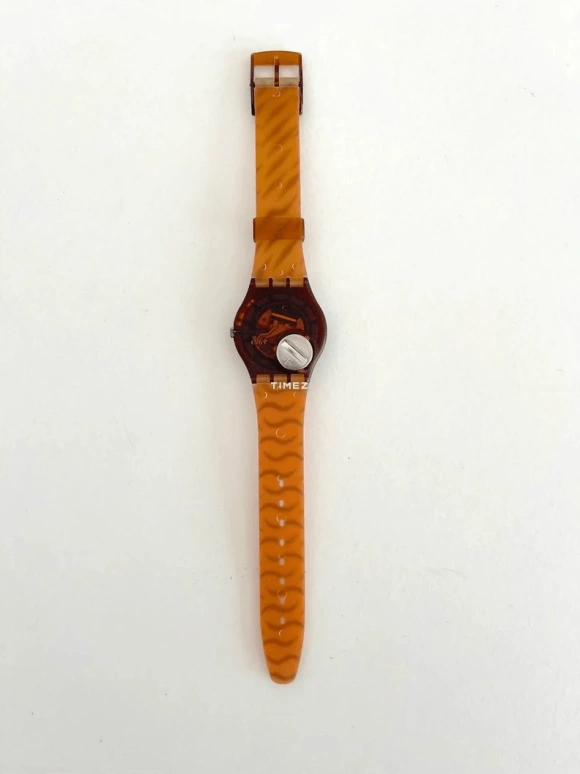 Swatch,Other 34mm,34mm,Plastic,Orange,Quartz,Sapphire,Crystal Glass,Tonneau,GF103