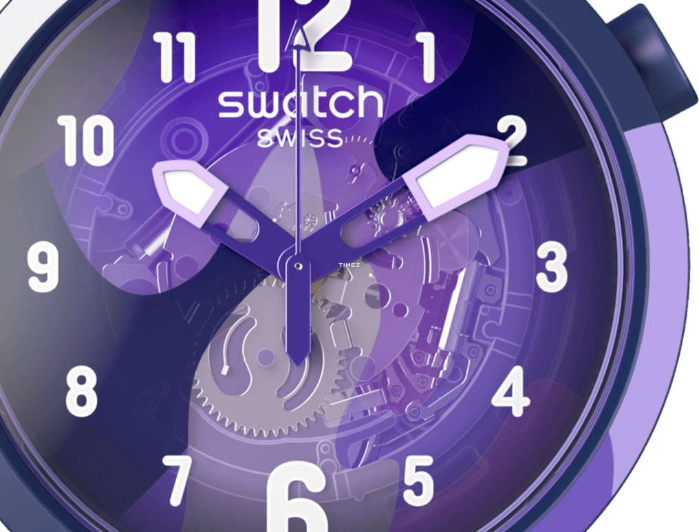 Swatch,Other 47mm,47mm,Bio-sourced,Purple,Quartz,Sapphire,Crystal Glass,Round,SB05V101