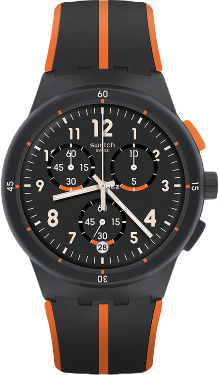 Swatch,Originals 42mm,42mm,Plastic,Black,Quartz,Chronograph,Day,SUSA402