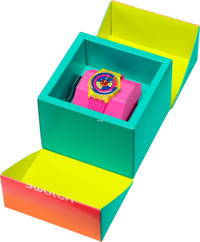 Swatch,NEON 34mm,34mm,Bio-sourced,Multi-Color,Purple,Quartz,Date,Day,SO28J700