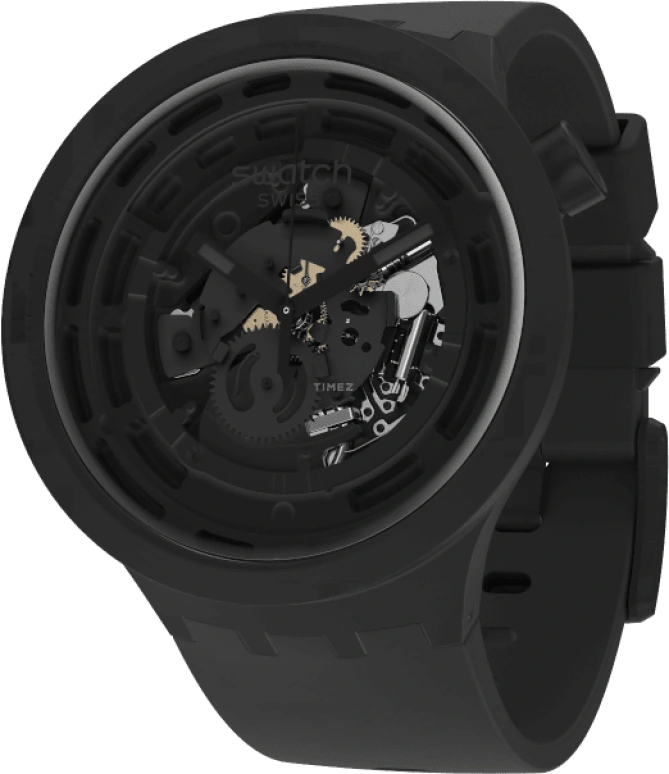 Swatch,Other 47mm,47mm,Bioceramic,Black,Skeleton,Quartz,Sapphire,Crystal Glass,Round,SB03B100