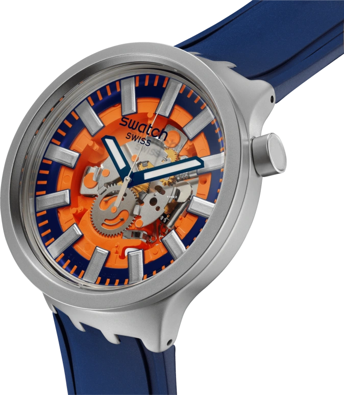 Swatch,Swatch Essentials 47mm,47mm,Stainless Steel,Orange,Skeleton,Quartz,Sapphire,Crystal Glass,Round,SB07S114