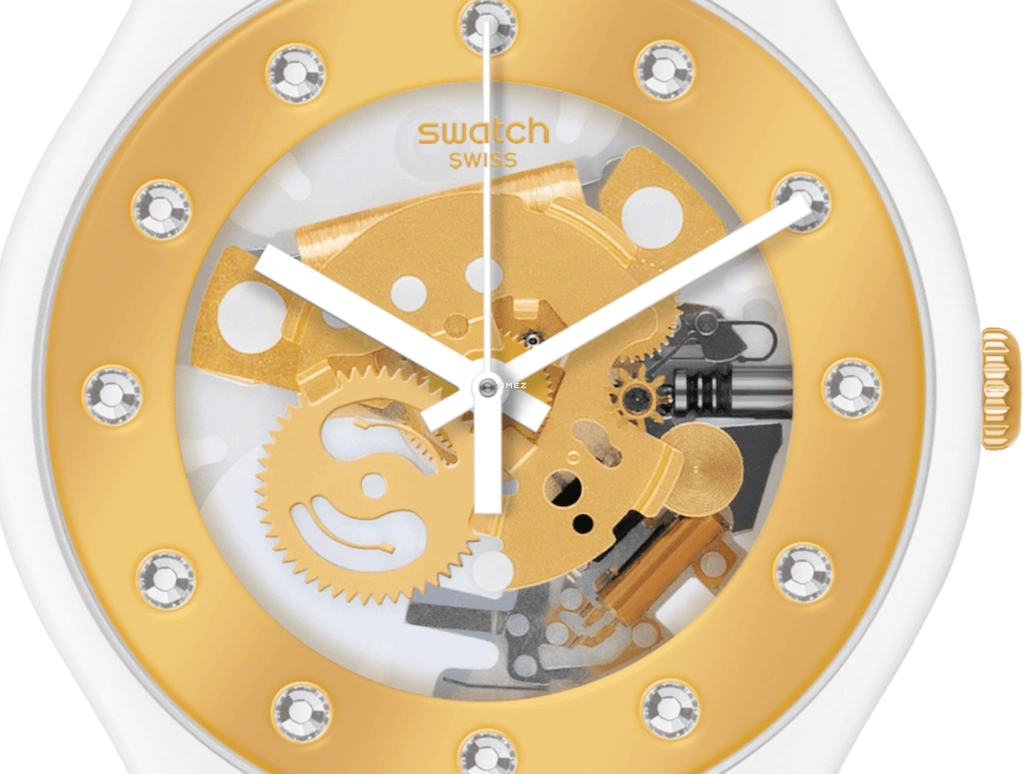Swatch,Other 41mm,41mm,Bio-sourced,White,Gold,Skeleton,Quartz,Sapphire,Crystal Glass,Round,SO29W105,SO29W105-S14