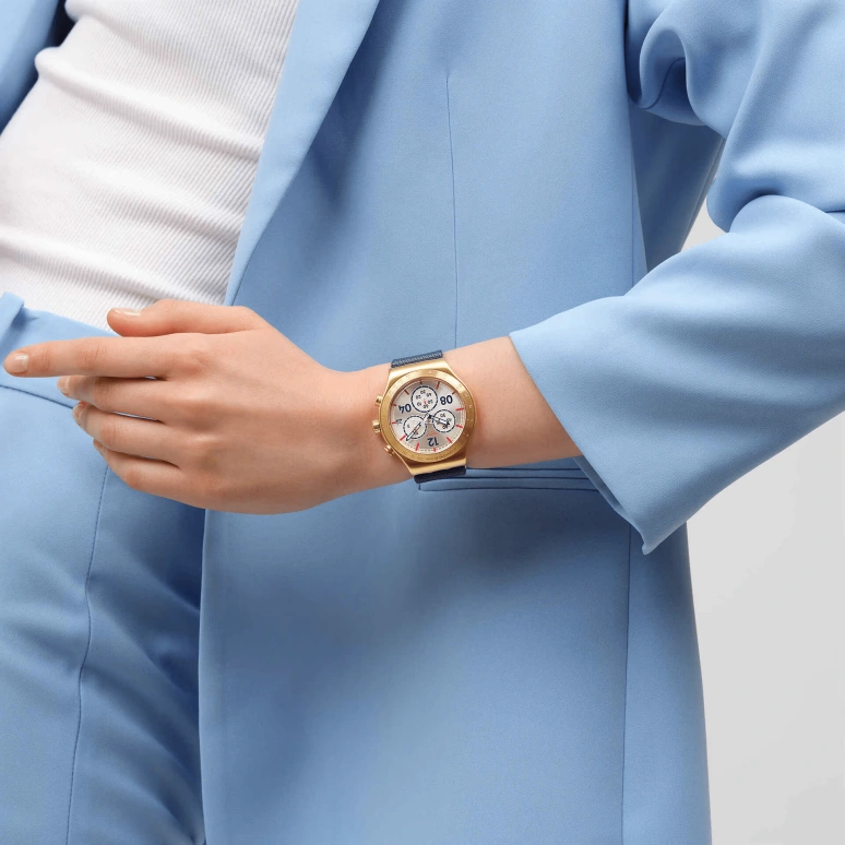Swatch,IRONY 43mm,43mm,Stainless Steel,Cream,Quartz,Chronograph,Day,YVG419