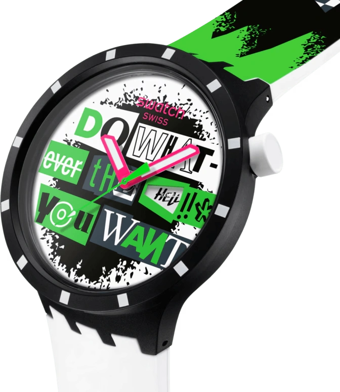 Swatch,NO RULES 47mm,47mm,Bioceramic,Multi-Color,Green,Black,White,Quartz,Bio-sourced,Glass,Round,SB03B701
