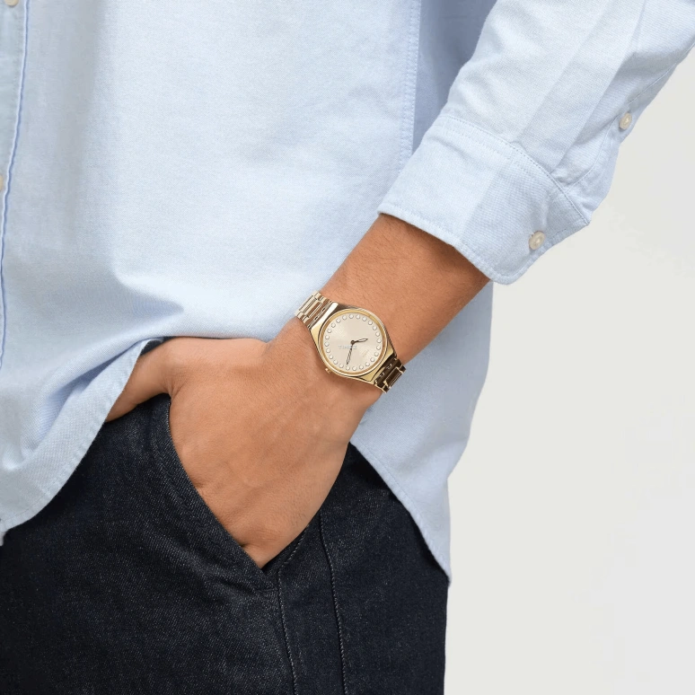 Swatch,Other 38mm,38mm,Stainless Steel,Cream,Quartz,Round,Gold,SYXG126G