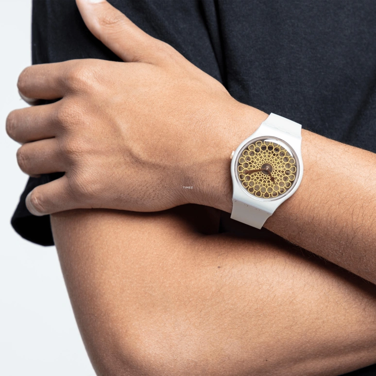Swatch,Special Edition 41mm,41mm,Plastic,Yellow,Brown,Quartz,Tonneau,Cream,SUOZ329