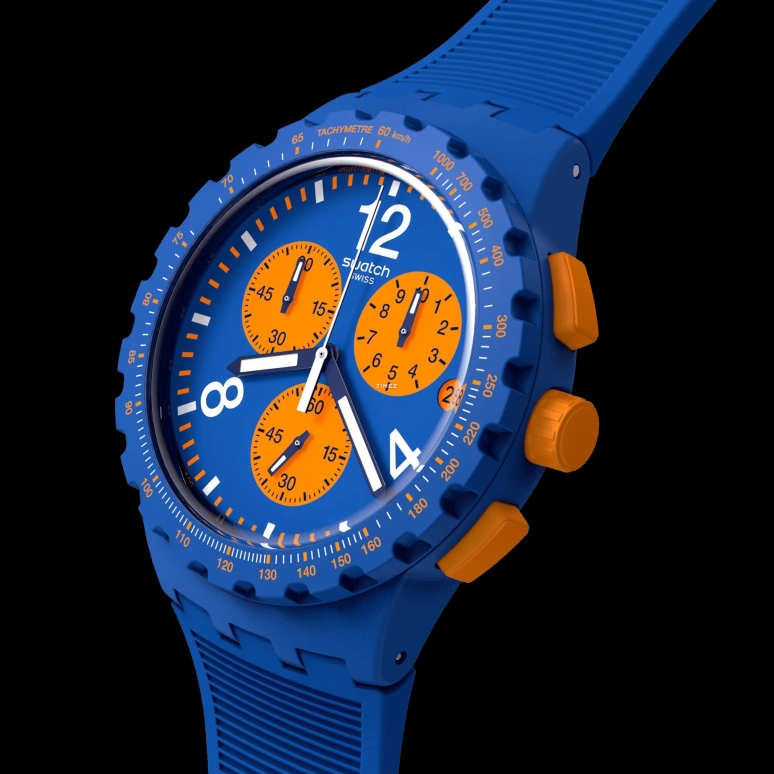 Swatch,Originals 42mm,42mm,Plastic,Blue,Orange,Quartz,Chronograph,Day,SUSN419
