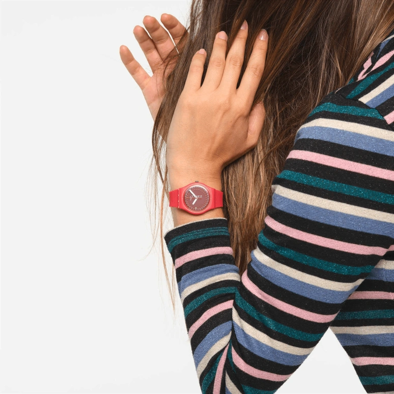 Swatch,Other 34mm,34mm,Bio-sourced,Red,Quartz,Day,Sapphire,Crystal Glass,SO28R400
