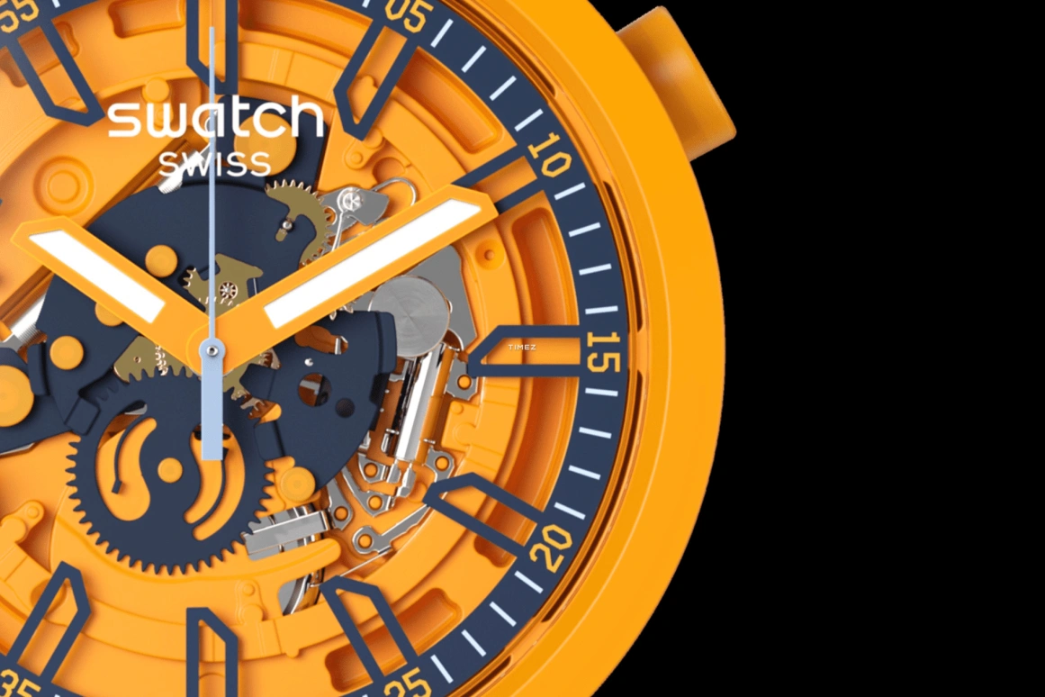 Swatch,Other 47mm,47mm,Plastic,Orange,Skeleton,Quartz,Sapphire,Crystal Glass,Round,SB01O101
