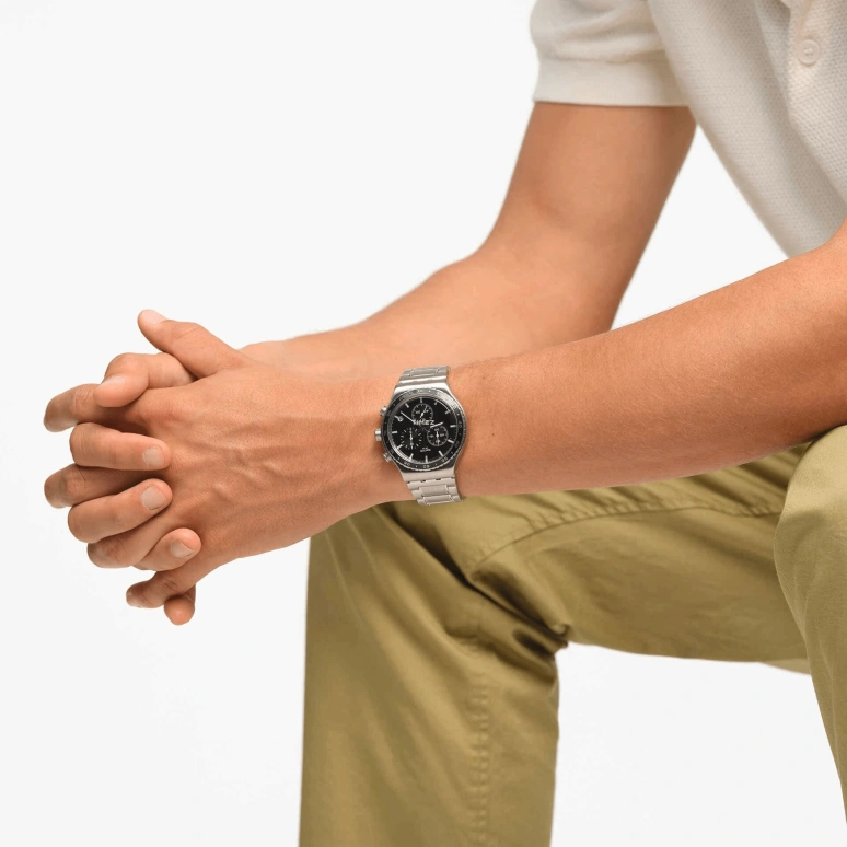 Swatch,Other 43mm,43mm,Stainless Steel,Black,Quartz,Chronograph,Day,YVS495G