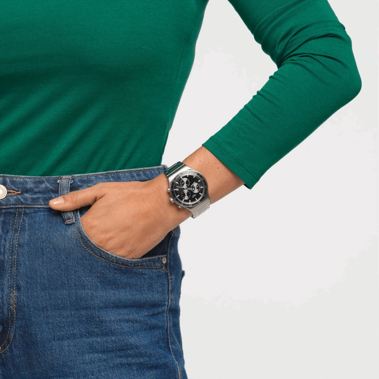 Swatch,Other 43mm,43mm,Stainless Steel,Black,Quartz,Chronograph,Day,YVS495G