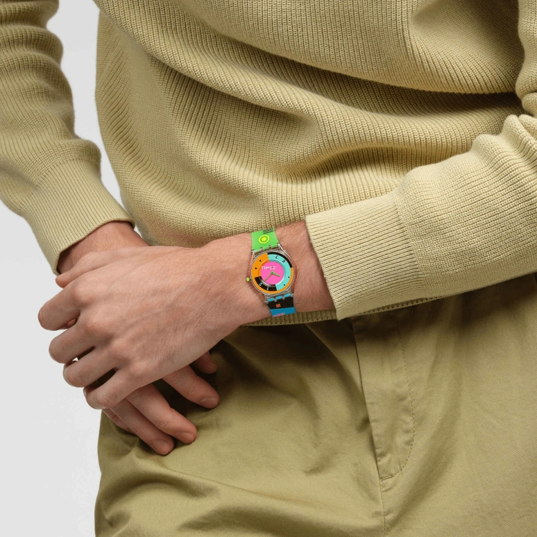Swatch,NEON 34mm,34mm,Bio-sourced,Multi-Color,Quartz,Sapphire,Crystal Glass,Tonneau,SS08K119