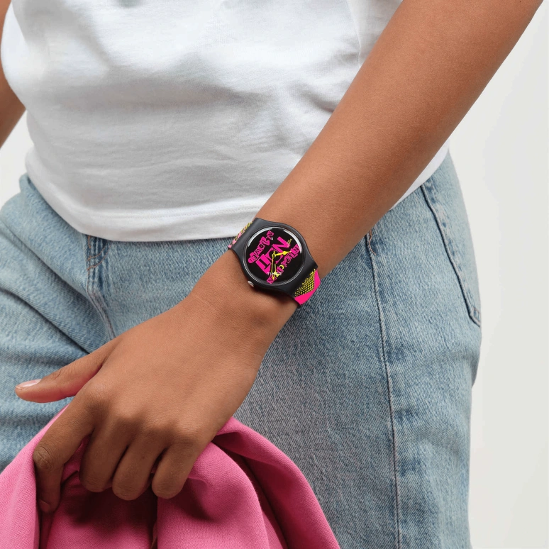 Swatch,NO RULES 41mm,41mm,Bioceramic,Multi-Color,Pink,Black,Automatic,Bio-sourced,Glass,Round,SO32B121