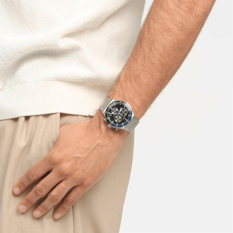 Swatch,Other 43mm,43mm,Stainless Steel,Black,Quartz,Chronograph,Day,YVS507G